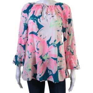Lilly Pulitzer Pink Teal Floral Keyhole Bell Sleeve Top Resort Blouse Medium